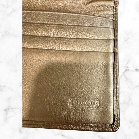 COACH Metallic Gold Leather Wallet | Snap Closure Billfold with Card Slots - Picture 6 of 10